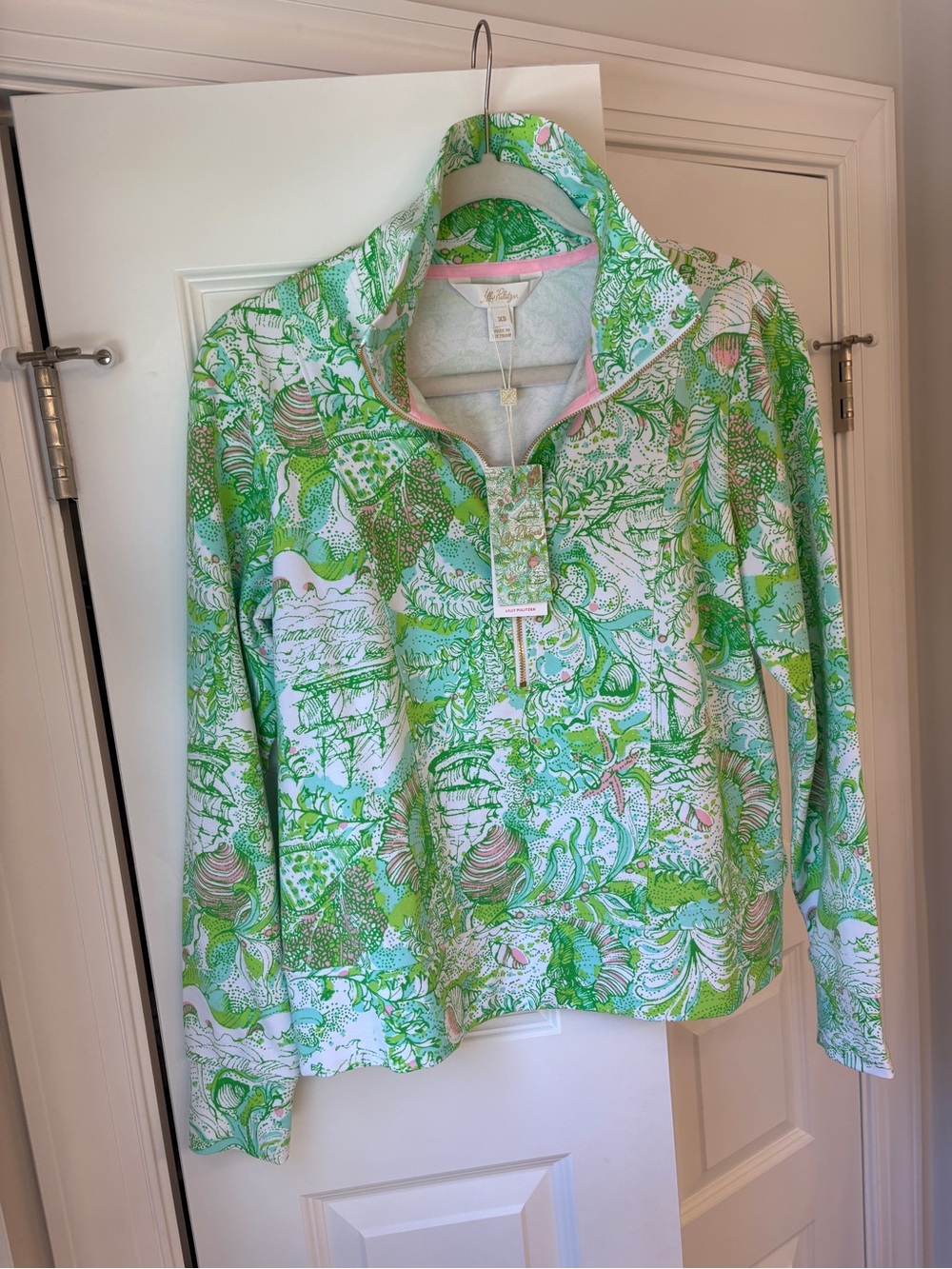 Lilly Pulitzer Elani Green, Mint & Pink Printed Quarter-Zip Pullover
